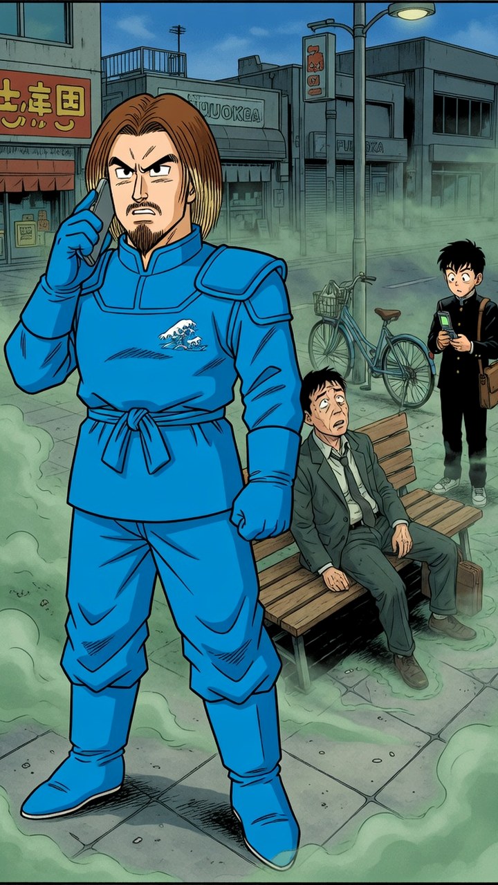 止まった人々の前で電話するけんた