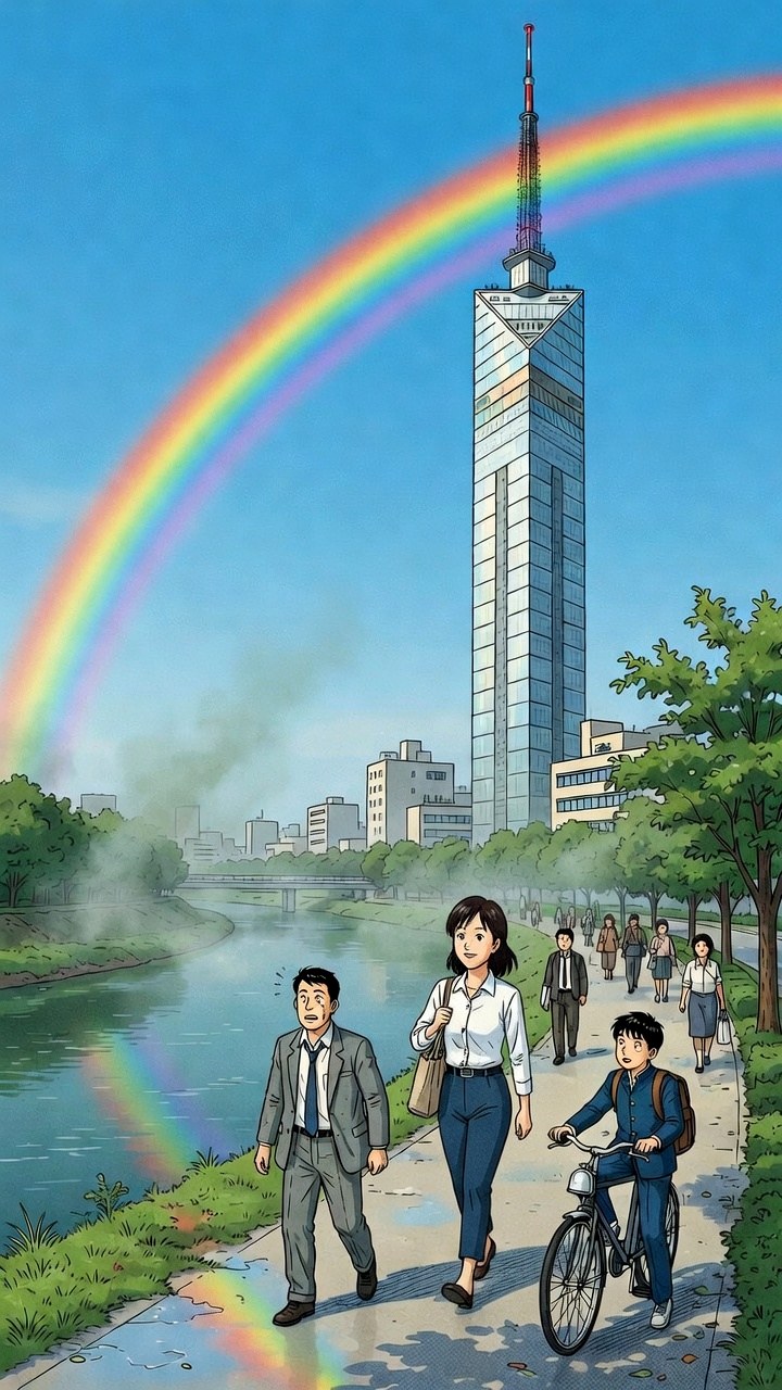虹の下で歩き出す人々