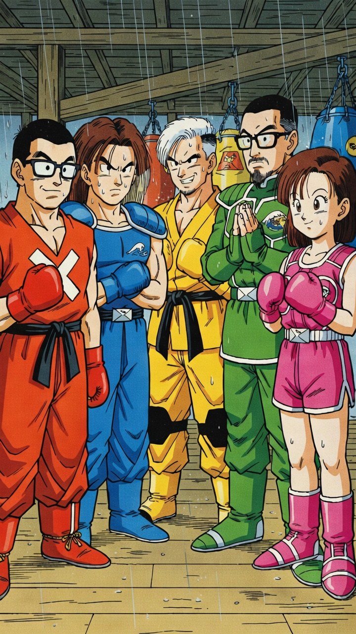 雨のジムに揃う五人