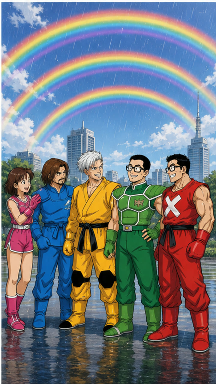四つの虹の下で仲直りする五人