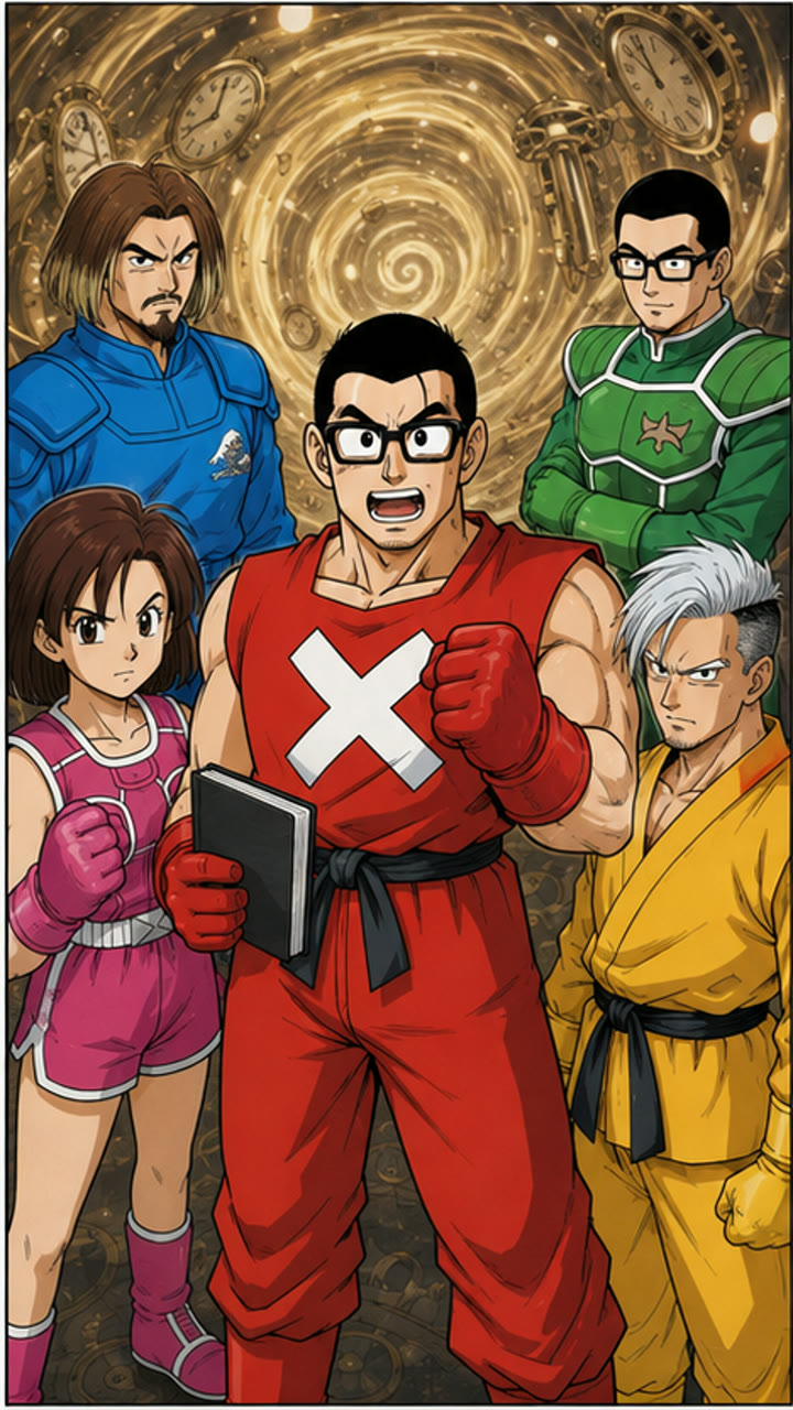 時計の渦の前に立つ五人