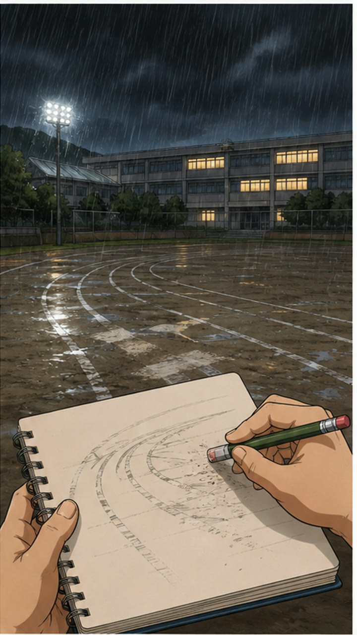 雨上がりの校庭に残る白線