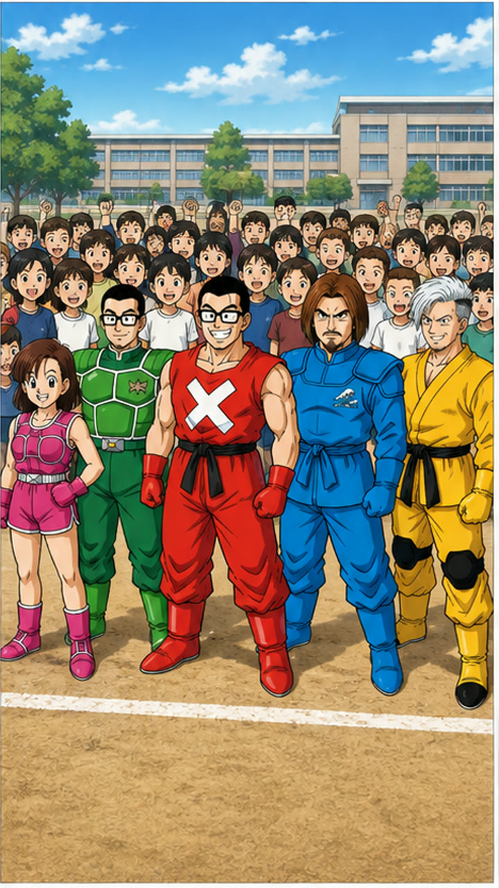 子どもたちとスタートラインに立つ五人