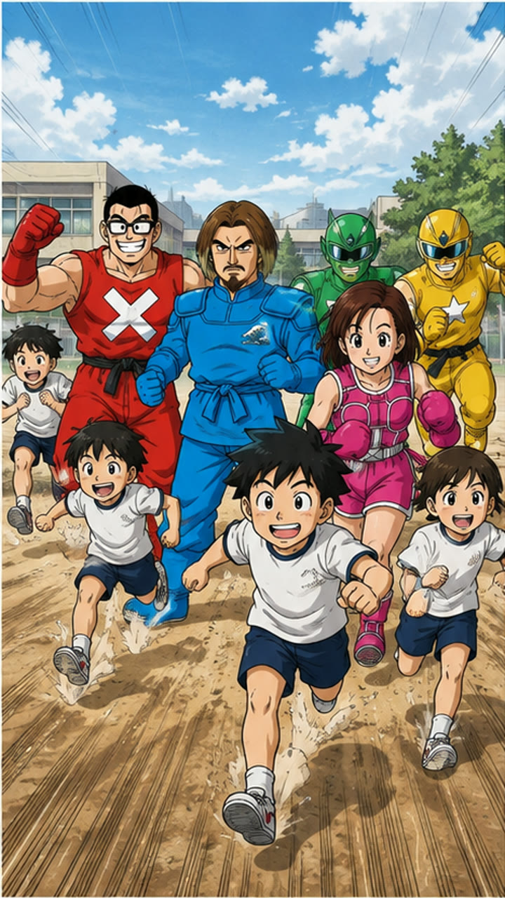 子どもたちと走る五人