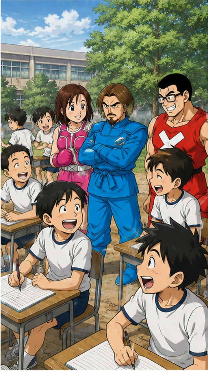 続く運動授業を見守る五人