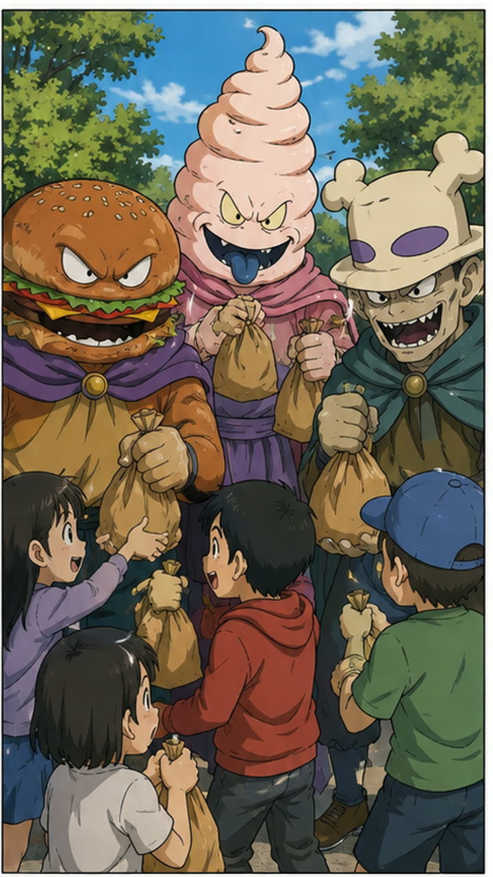 子どもに食べ物を配る過食魔団