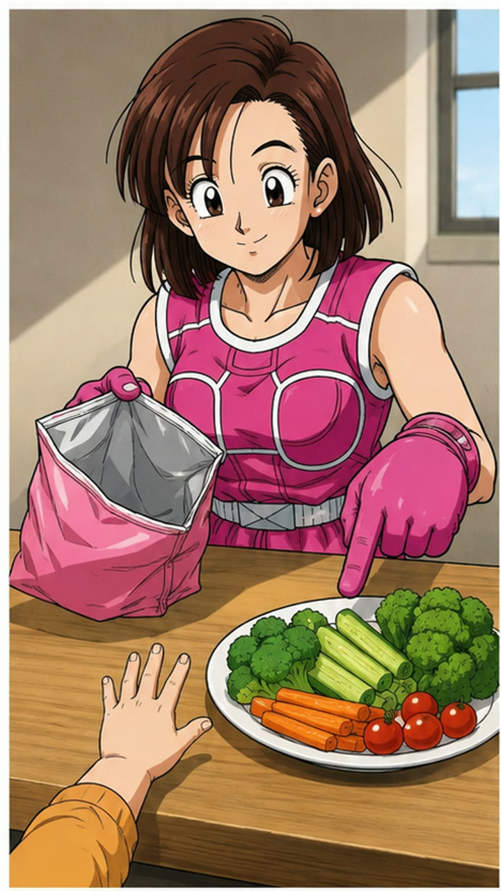 袋から皿へ手を導くたえ