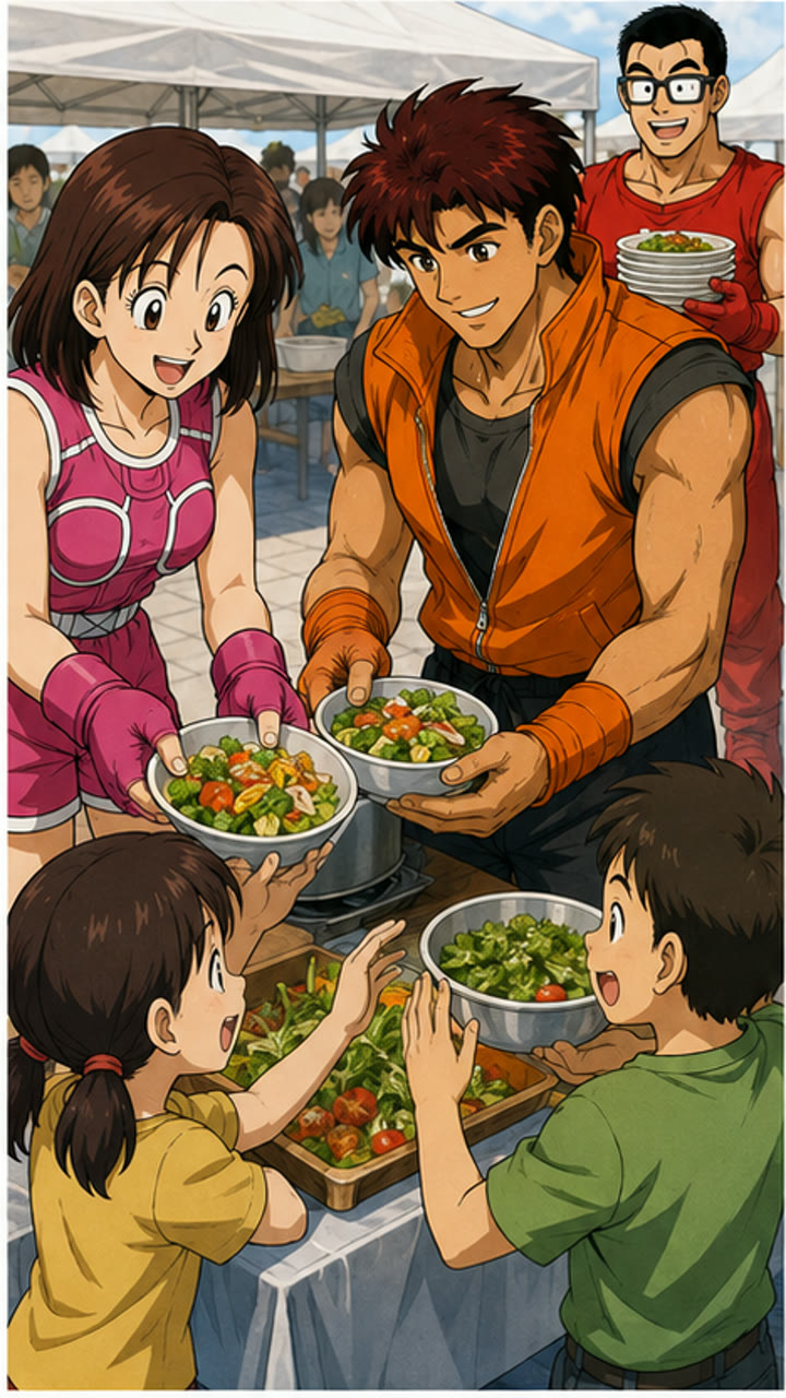子どもへ皿を渡すたえとりょうた