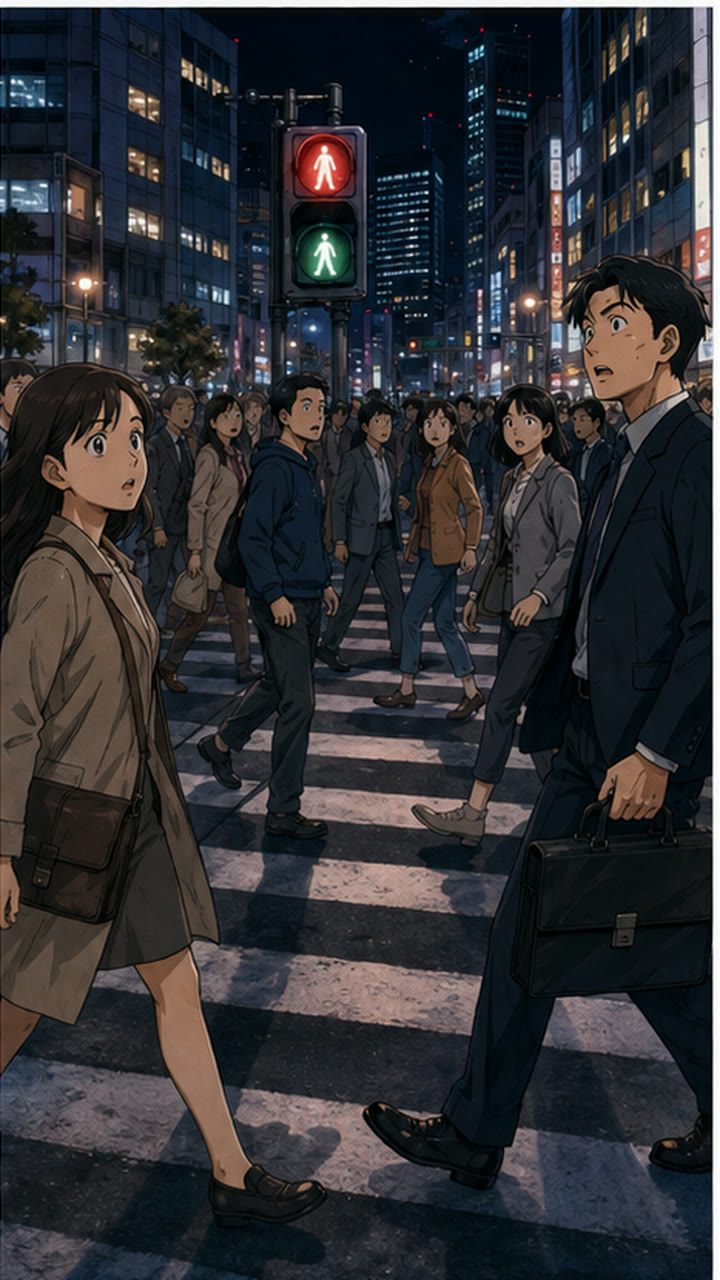 途中で止まる交差点の人々