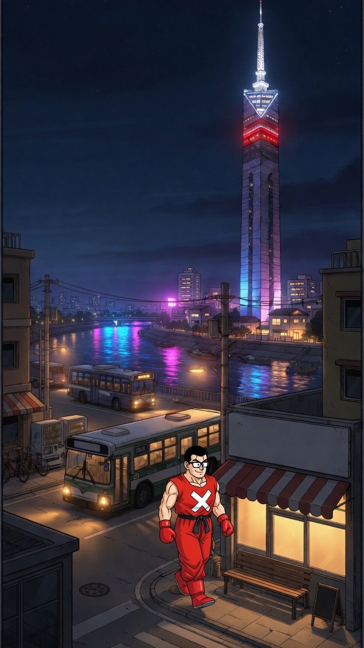 夜の博多をジムへ向かうりょうた